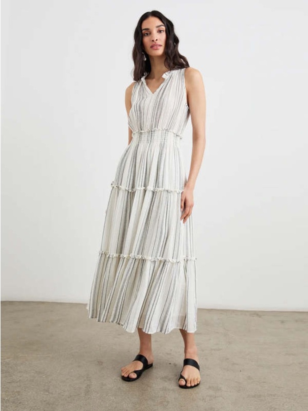 Rails Lou Lou Sleeveless Striped Tiered Maxi Dress in Light Gray and White